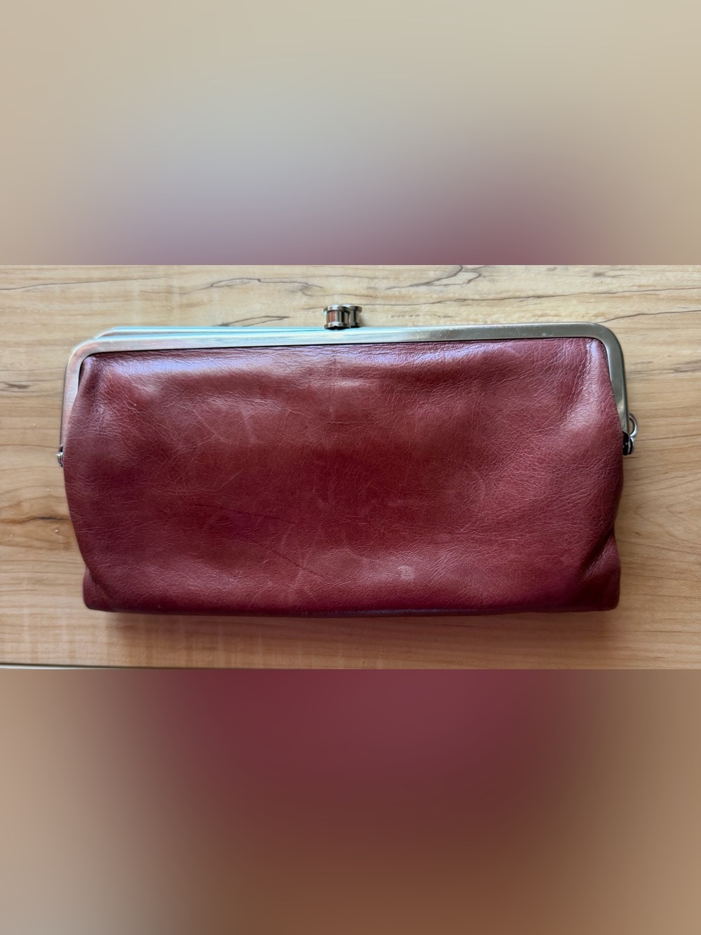 HOBO Lauren Mahogany Leather Double Frame Kiss Lock Clutch Wallet